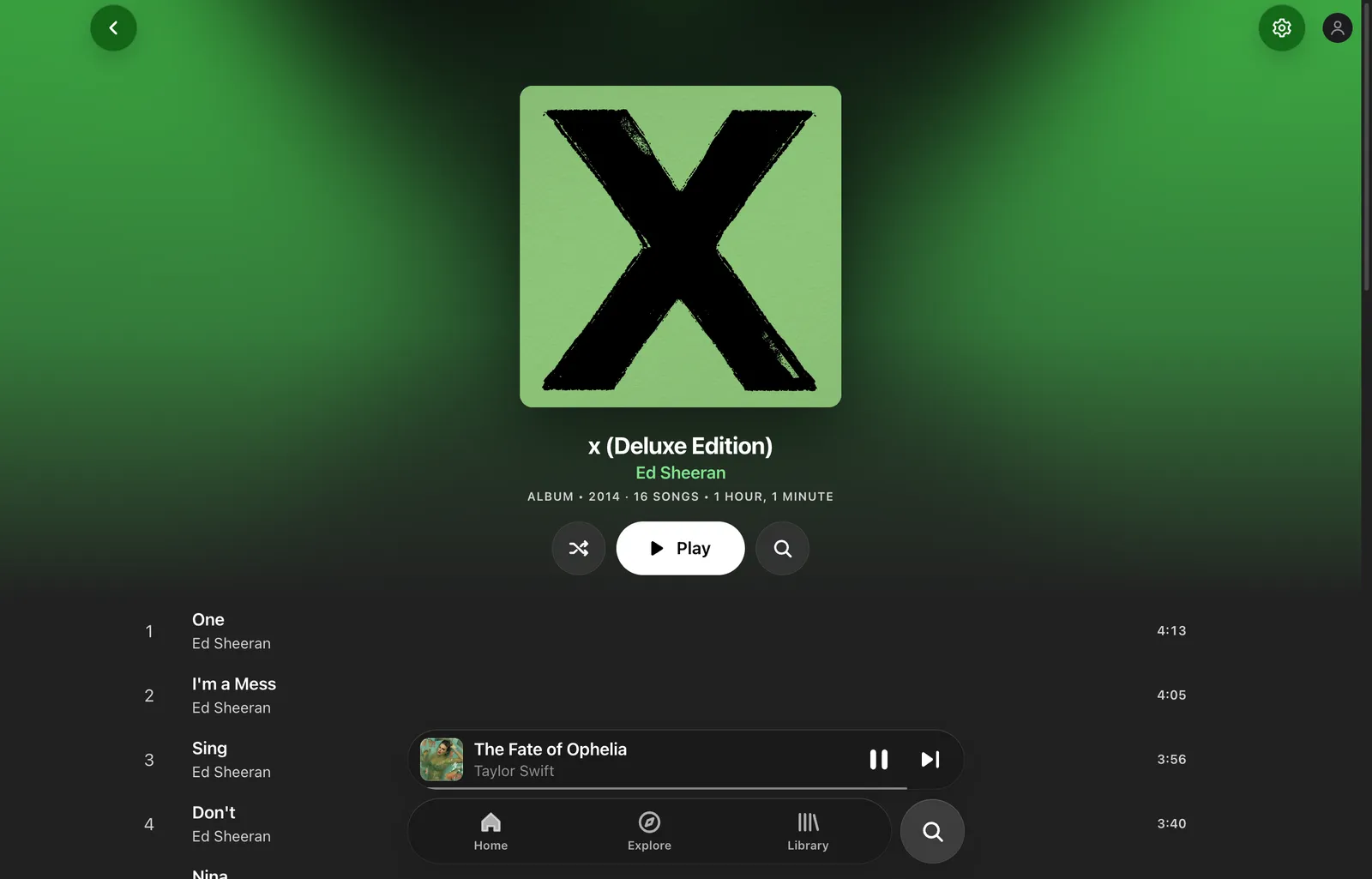 The album page for x by Ed Sheeran, tinted green from its cover