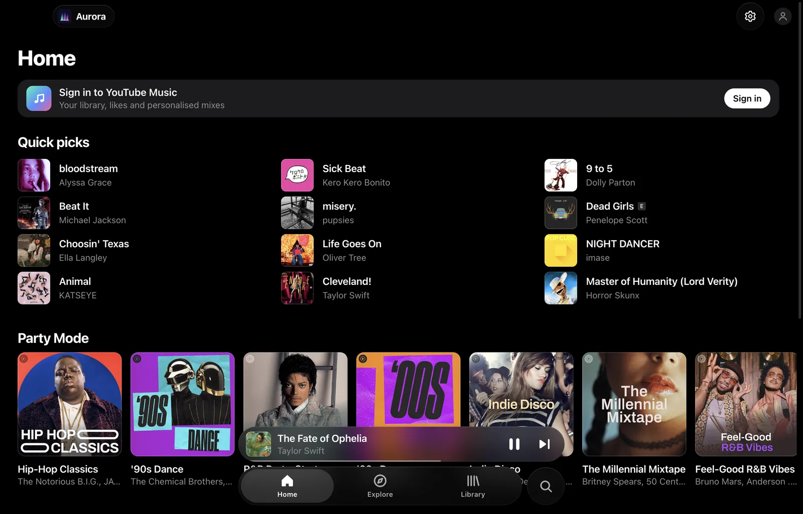 Home with quick picks and playlists