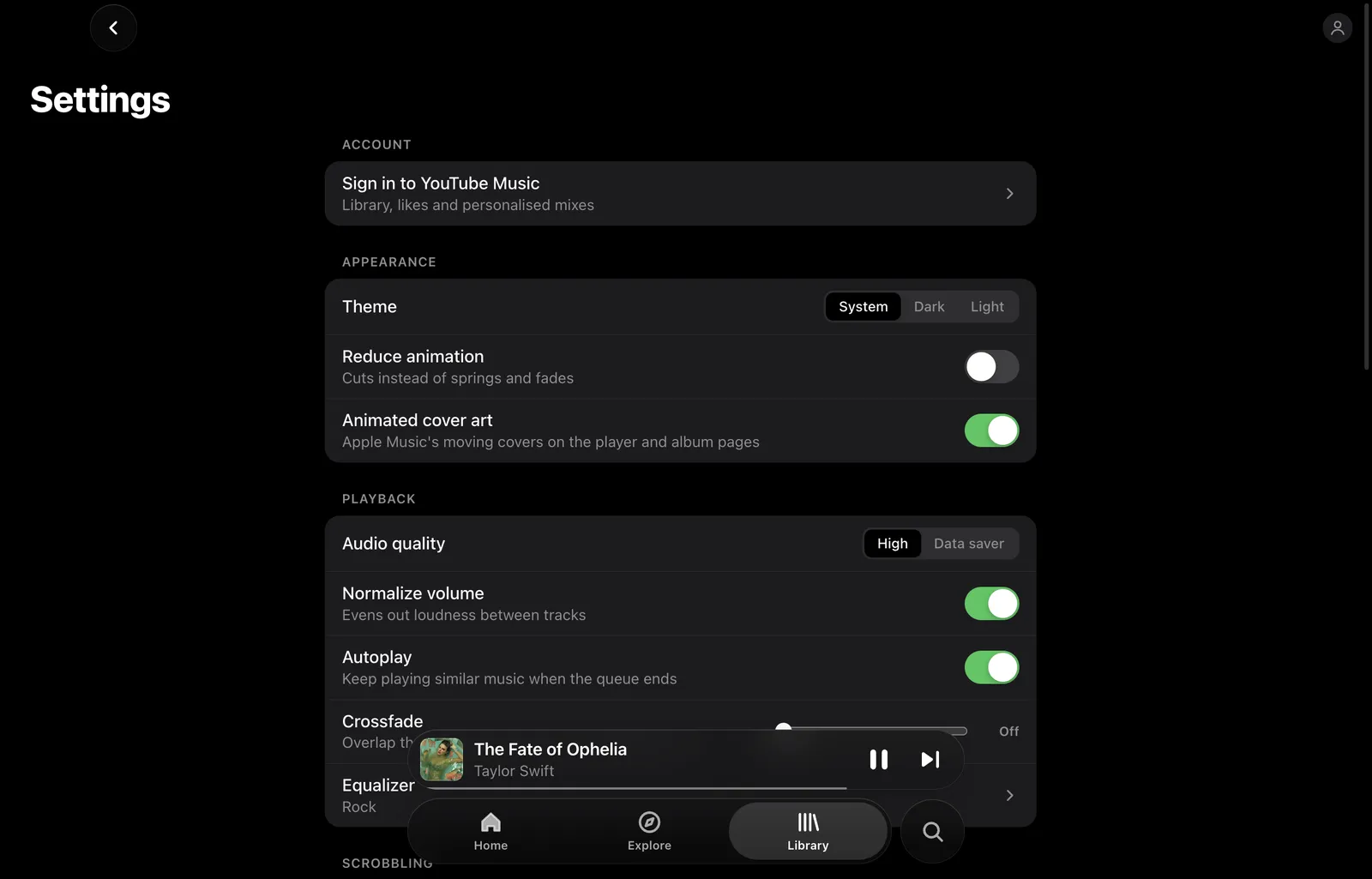 Settings for appearance and playback